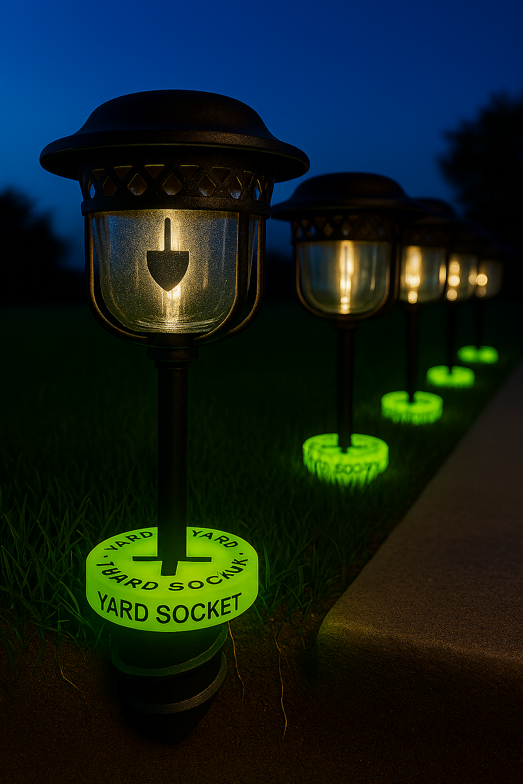 Yard Socket modular ground anchor securing solar path lights at night